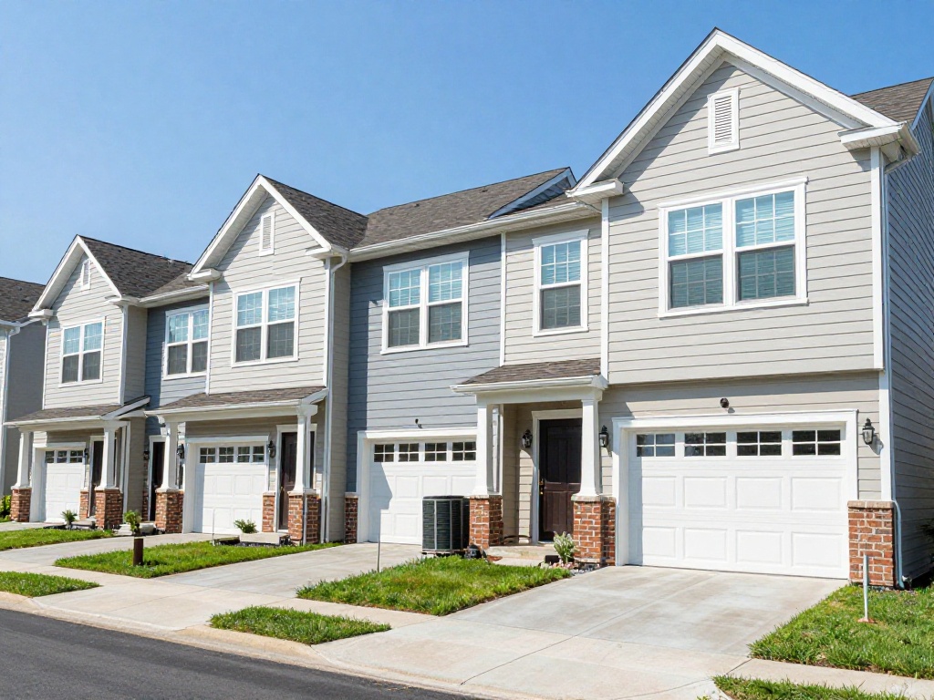 Row of modern suburban townhouses with an HVAC condenser unit on a concrete pad in Northern Virginia