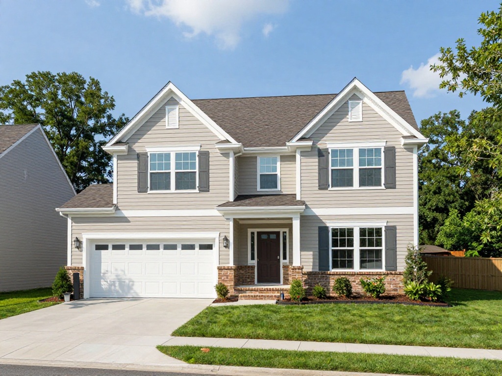 Two-story beige-sided suburban home with a two-car white garage and brick foundation in Sterling, VA
