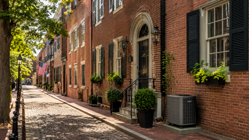 Cobblestone street with historic brick row houses and HVAC condenser unit in Old Town Alexandria, VA