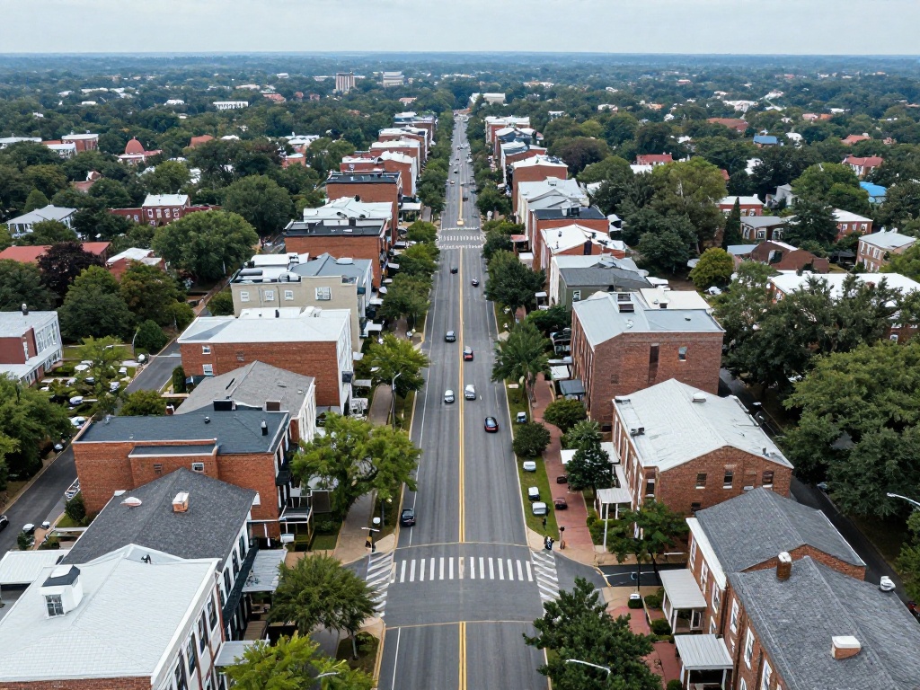 Aerial view of a tree-lined road with brick row houses in Arlington, VA neighborhoods
