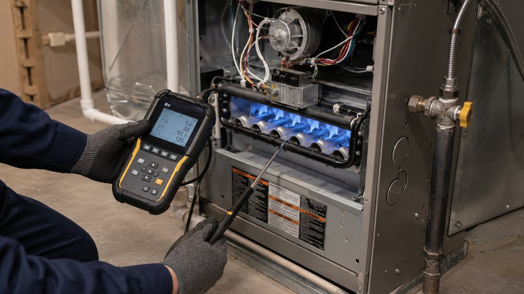 HVAC technician using a digital combustion analyzer to test an operating gas furnace with blue burner flames