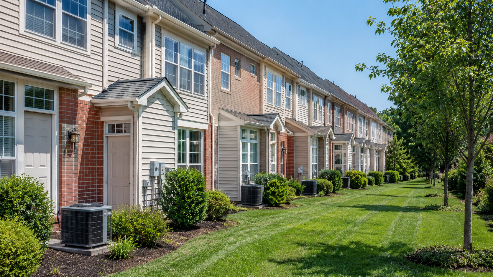 Row of beige vinyl townhomes with red brick accents and outdoor AC condenser units in Kingstowne, VA