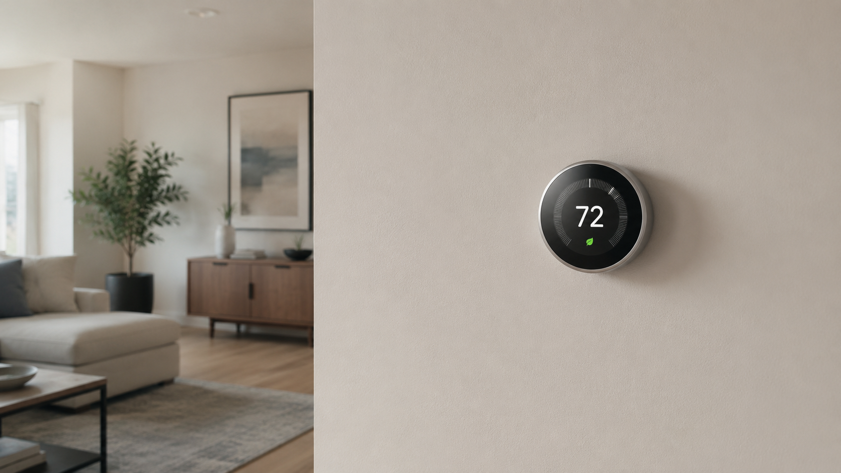 Smart thermostat displaying 72 degrees mounted on a textured wall with a blurred living room in the background — thermostat placement guide