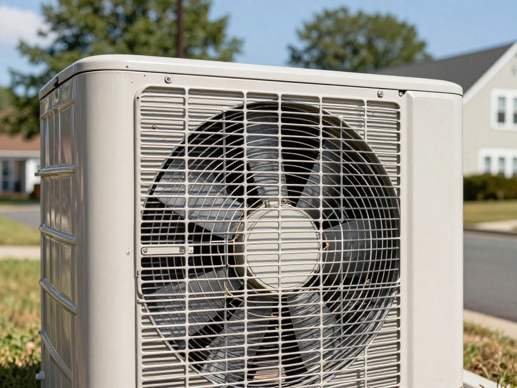 Close-up of residential HVAC condenser unit making unusual noises in a Northern Virginia suburban yard