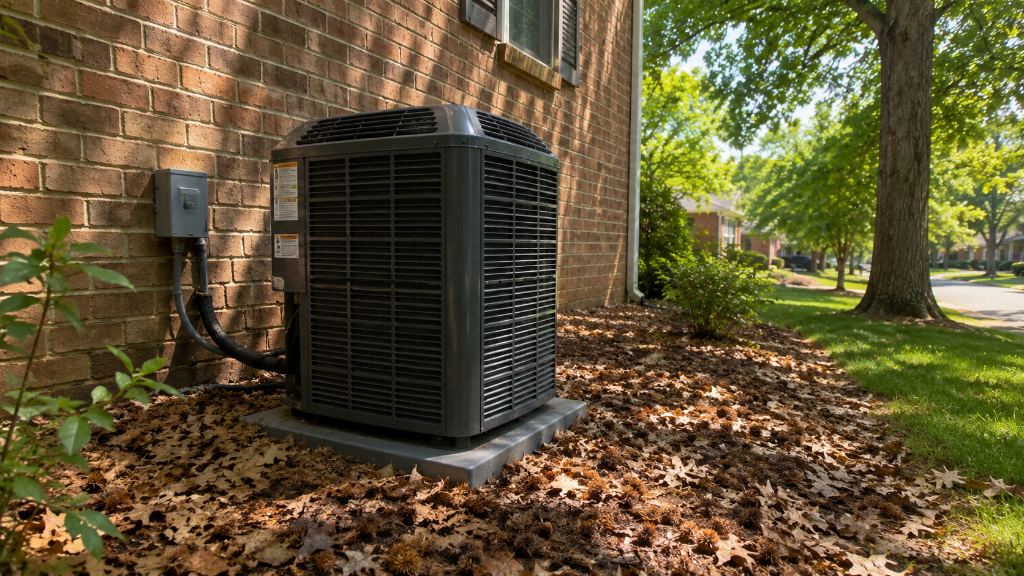 Outdoor HVAC condenser unit against a red brick house in Burke, VA
