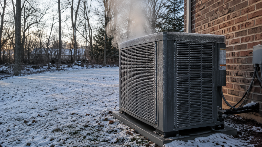 Outdoor heat pump unit covered in light frost with steam rising during a Northern Virginia winter day