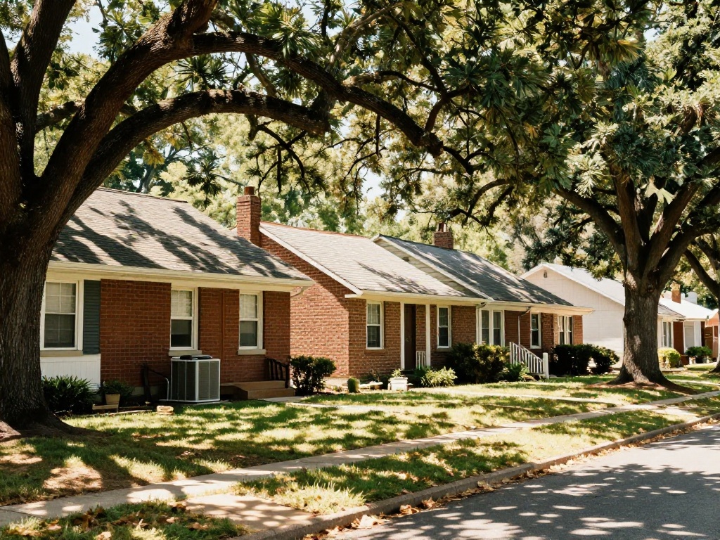 Tree-lined suburban street with red-brick ranch homes and outdoor HVAC condenser units in Annandale, VA