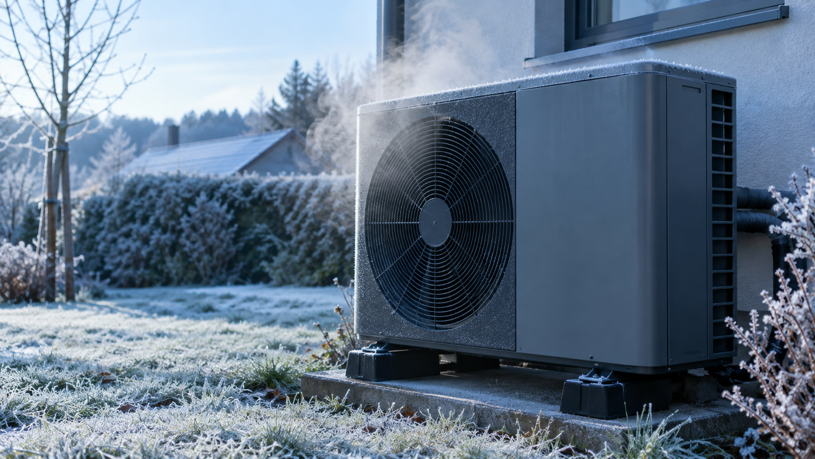 Outdoor heat pump unit on a concrete pad with steam rising during a winter defrost cycle in a frost-covered Northern Virginia yard