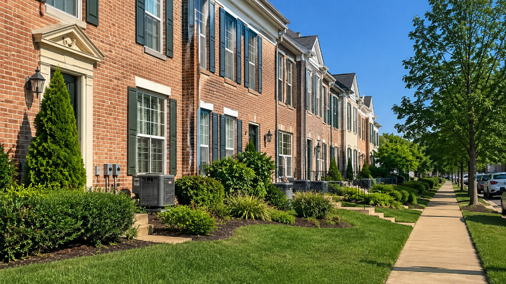 Row of red-brick townhouses with HVAC condenser units in Chantilly, VA neighborhoods