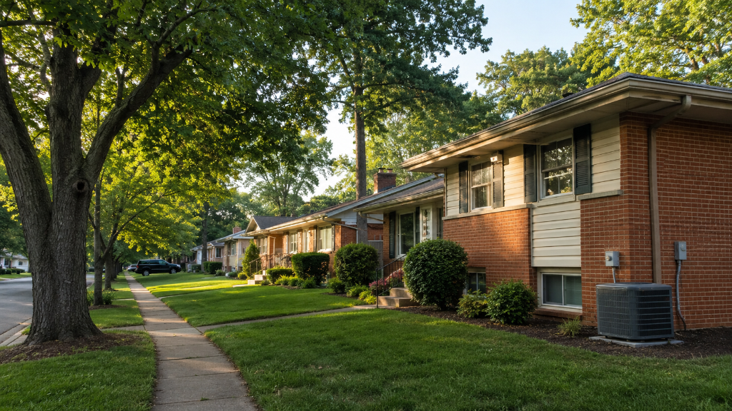 Suburban Northern Virginia street with brick home and outdoor HVAC condenser unit — duct sealing vs duct cleaning guide