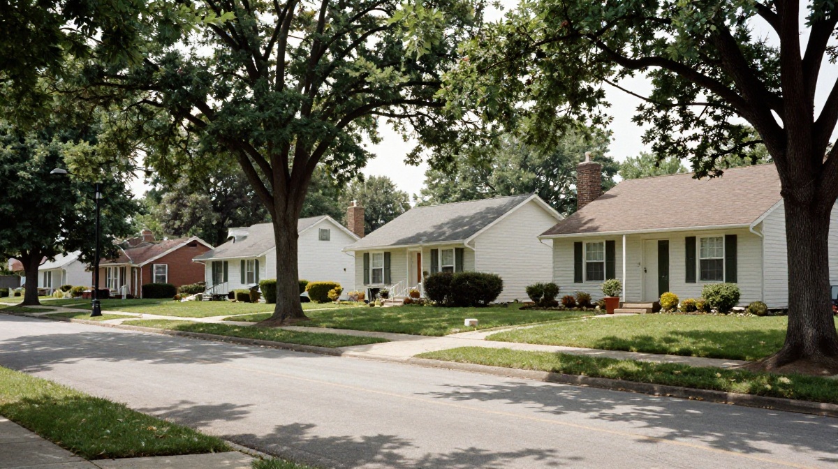 Quiet tree-lined residential street with white-sided mid-century single-family homes in the Mantua area of Fairfax, Virginia