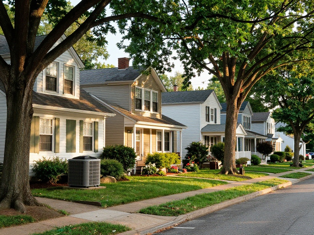 Tree-lined residential street with HVAC condenser units in Falls Church, VA neighborhoods