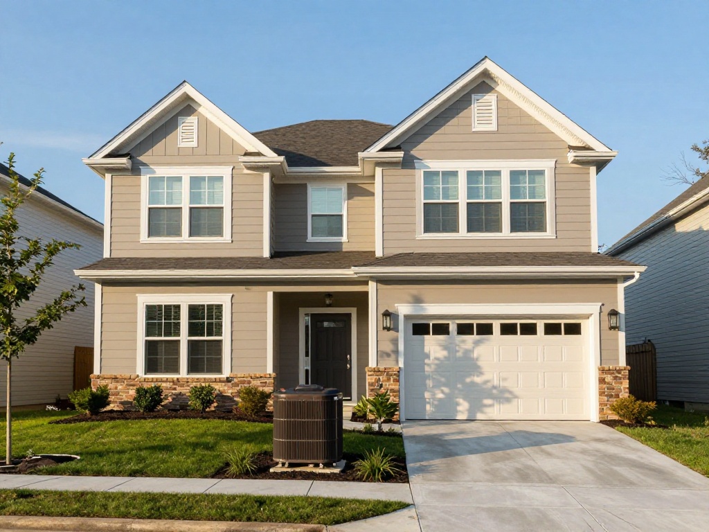 Two-story beige townhouse with an outdoor HVAC condenser unit in the front yard in Lorton, VA