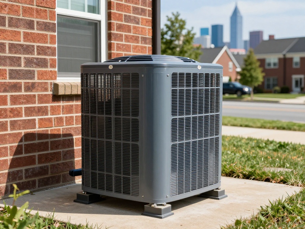 Modern HVAC condenser unit on a concrete pad next to a brick house in Reston, VA