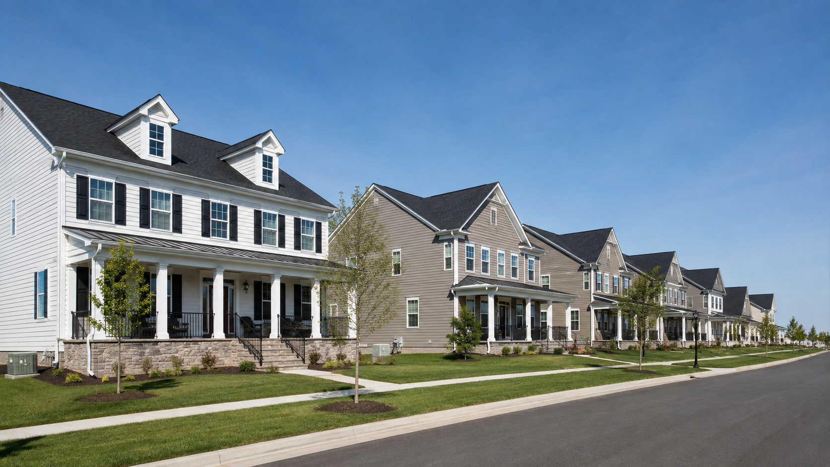 Row of suburban single-family homes with white columns and stone facades under a clear blue sky — vacation HVAC settings guide