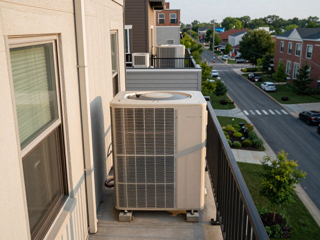 HVAC condenser heat pump unit on a residential balcony overlooking a Northern Virginia suburban neighborhood