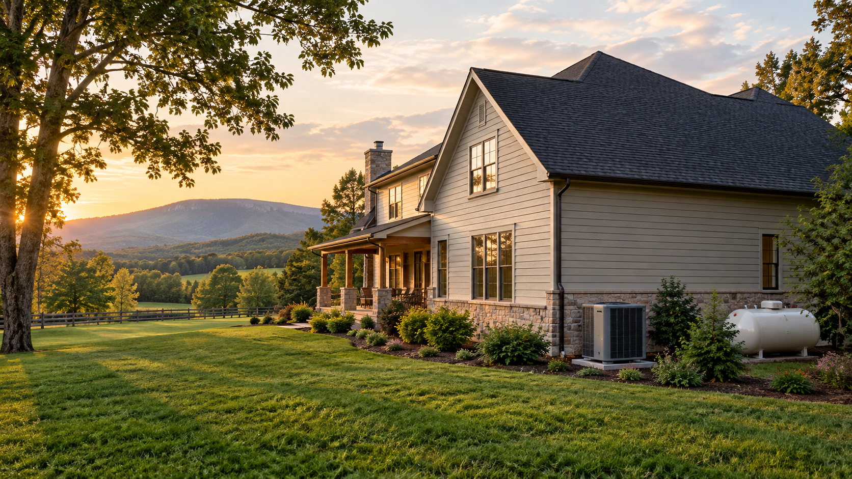 Craftsman-style two-story house on a green lawn at sunset with an HVAC condenser unit — choosing an HVAC company in Northern Virginia