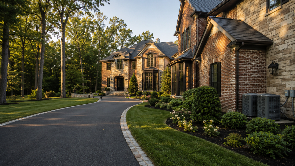Large brick and stone estate home with two grey HVAC condenser units in Great Falls, Virginia
