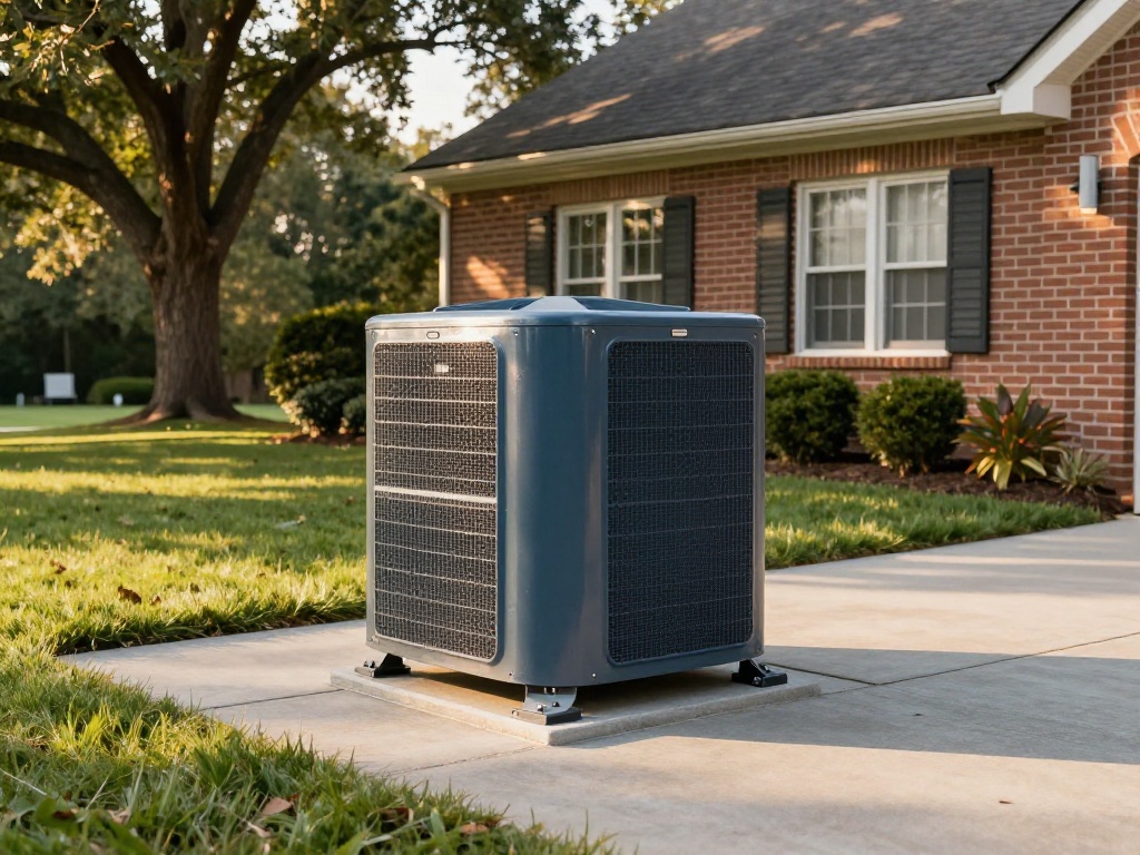 Outdoor HVAC condenser unit on a concrete pad in front of a residential brick house in Northern Virginia
