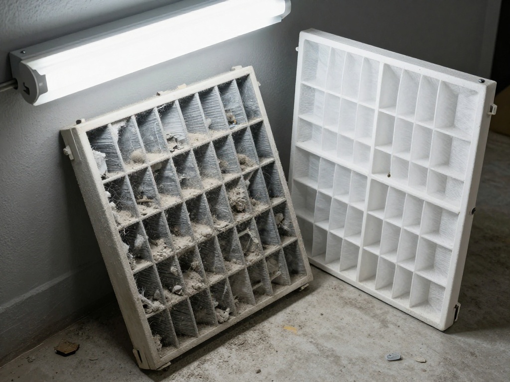 Dirty HVAC air filter versus a clean new air filter — a common cause of AC running but not cooling
