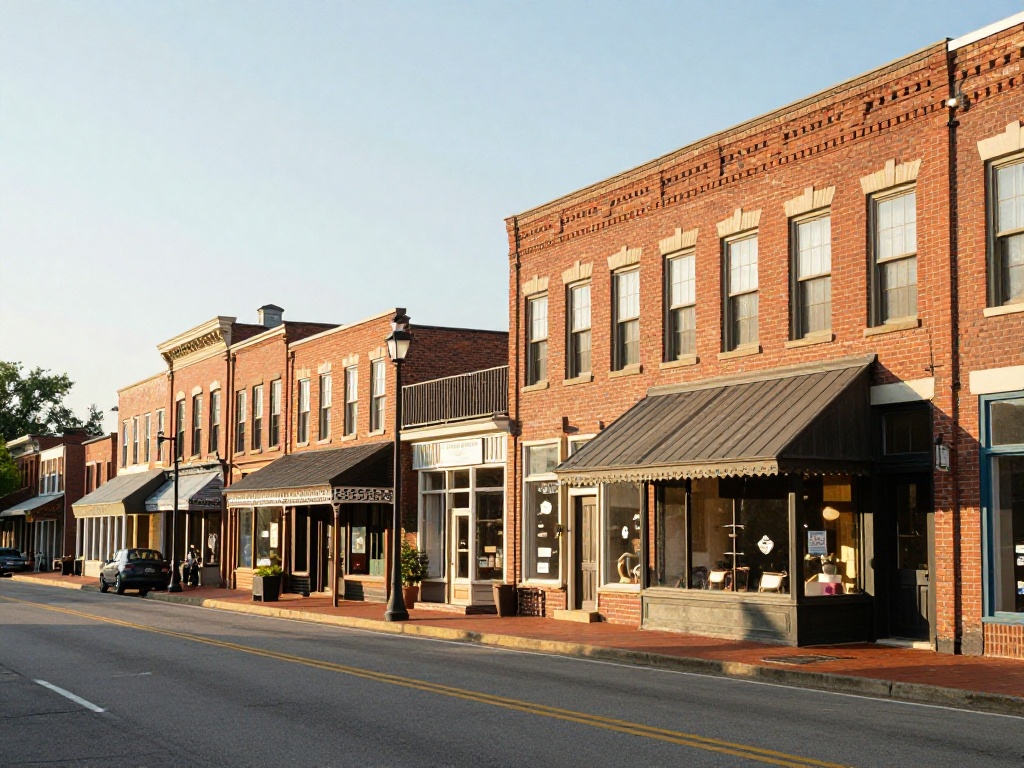 Historic red brick downtown streetscape with Victorian street lamp in Old Town Manassas, Virginia