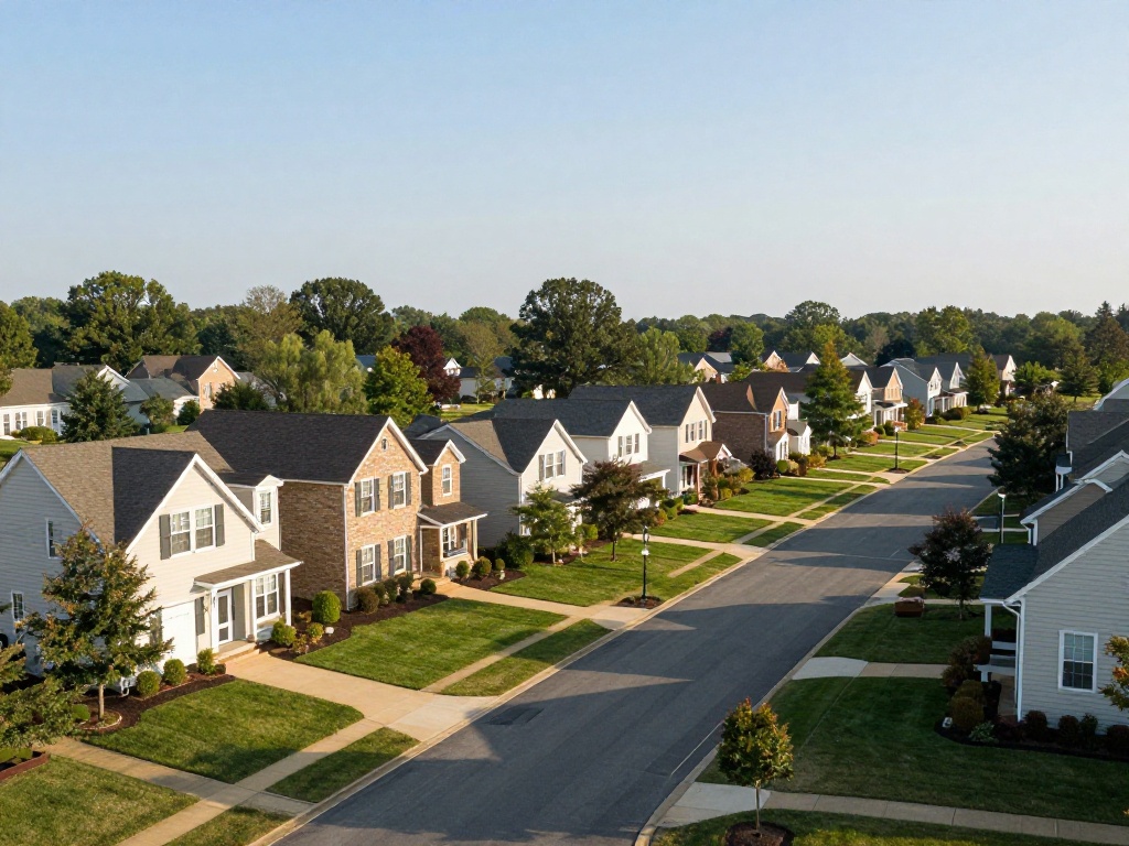 Suburban Bristow, VA street with two-story single-family homes, mature trees, and green lawns at golden hour