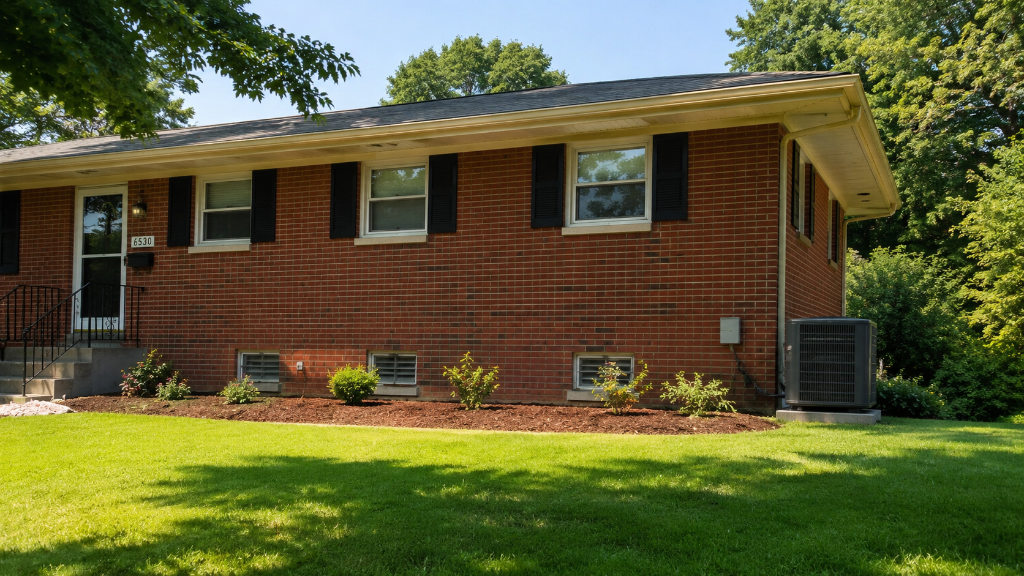 Red-brick ranch-style house with outdoor HVAC condenser unit in Springfield, VA