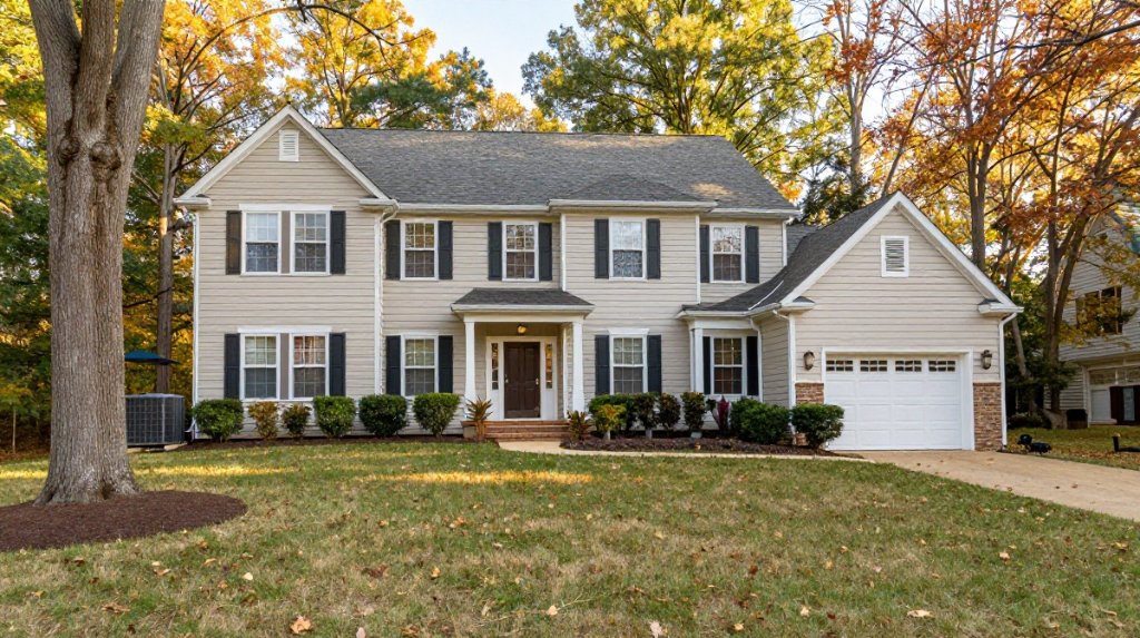 Large two-story greige suburban home with a two-car white garage and an outdoor HVAC condenser unit in Fairfax Station, VA