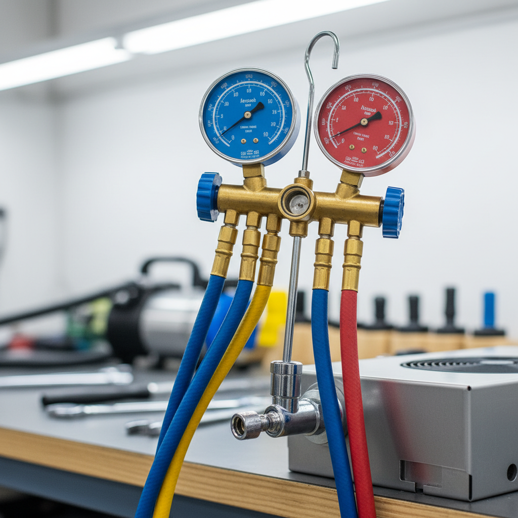 HVAC manifold gauges and refrigerant hoses connected for system tune-up diagnostics
