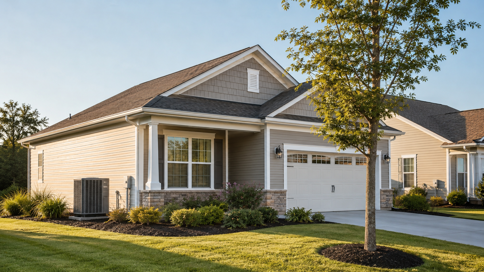 Single-story beige suburban home with a grey HVAC condenser unit on a manicured lawn in Gainesville, VA