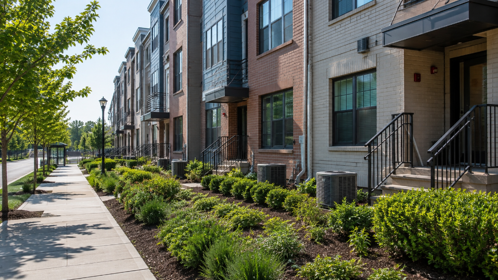 Row of modern multi-story townhomes with mixed red brick and cream brick siding along a sidewalk in Dunn Loring, VA