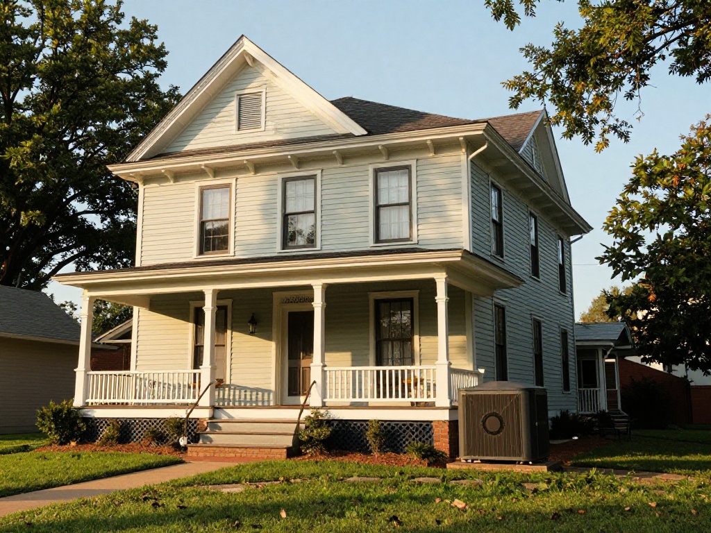 Two-story light-sided house with a front porch and an outdoor HVAC condenser unit in Clifton, Northern Virginia