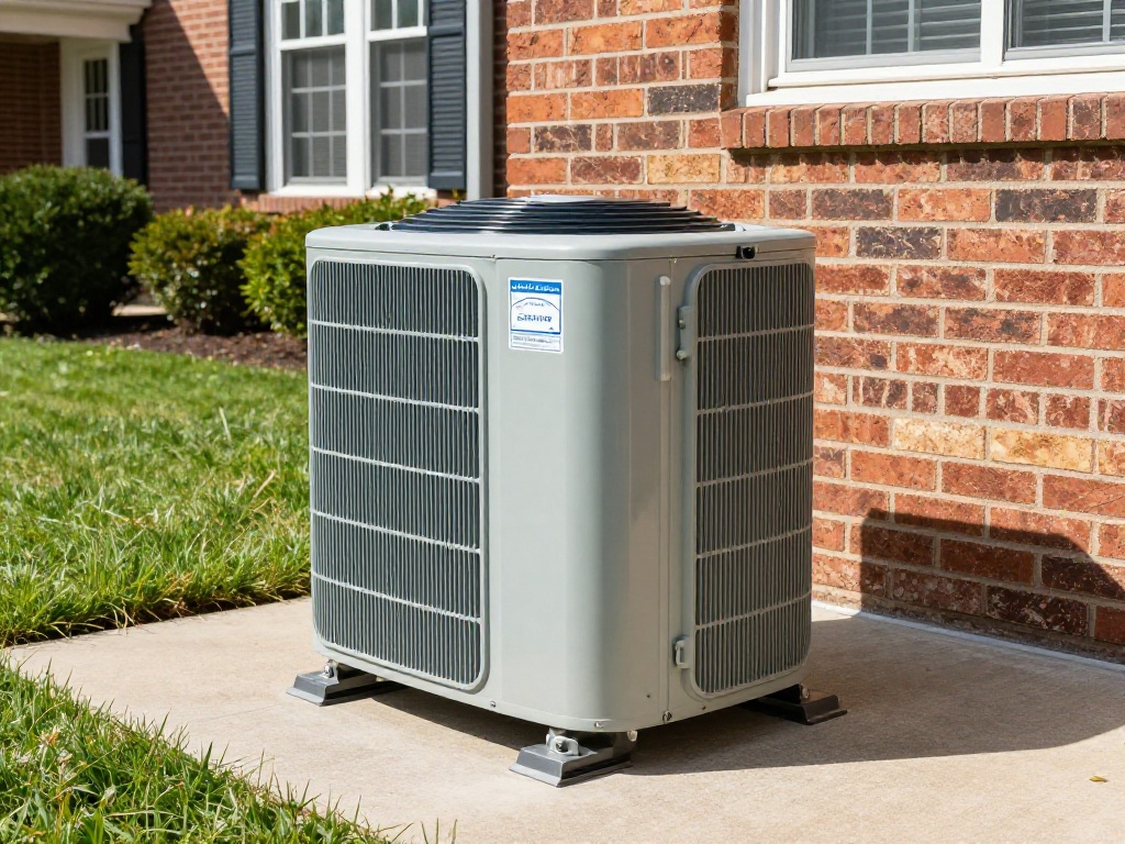 Outdoor HVAC condenser unit on a concrete patio next to a brick house in Vienna, VA