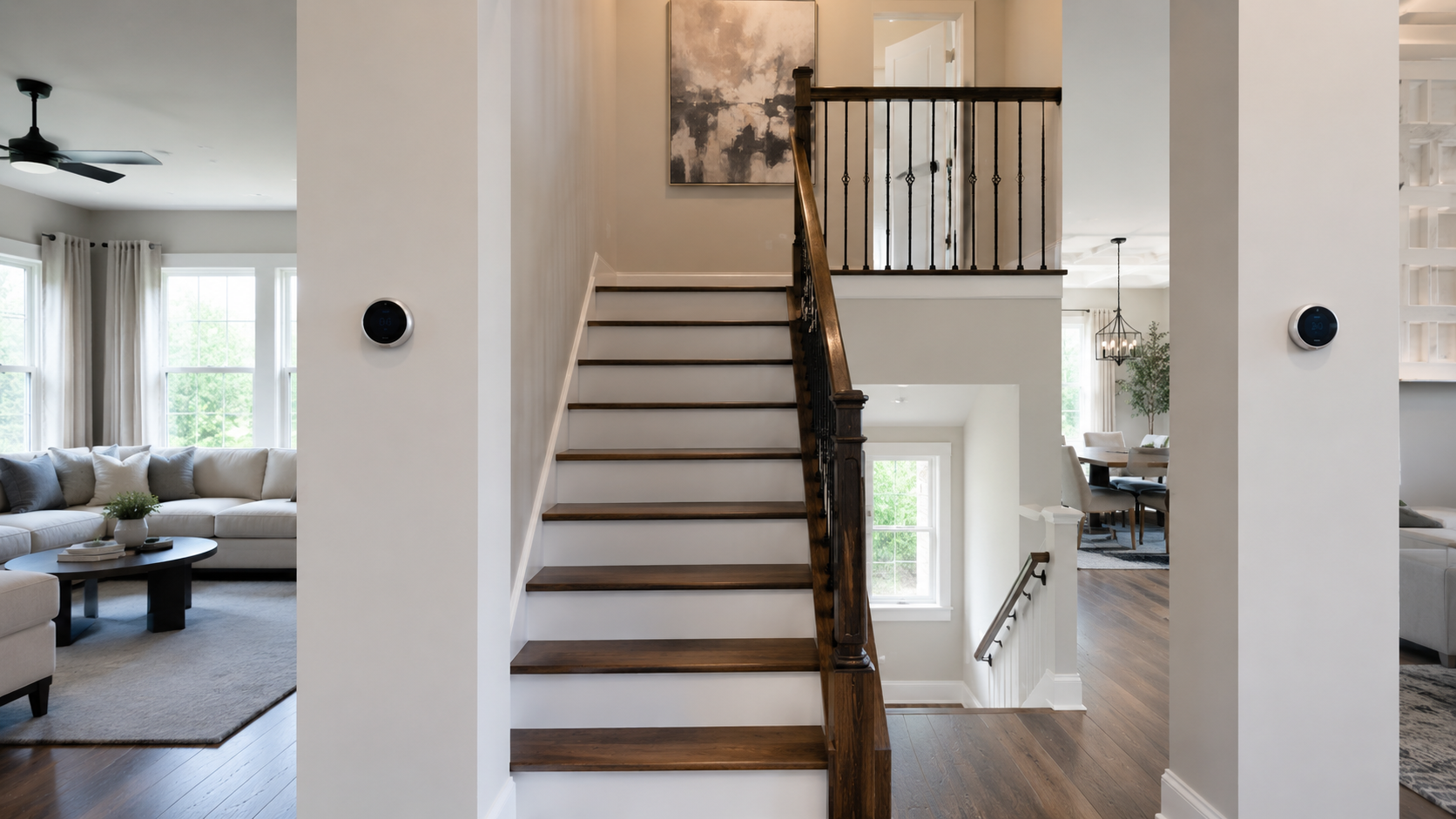 Residential interior with two circular smart thermostats mounted on white pillars flanking a staircase — multi-zone HVAC in Ashburn, VA