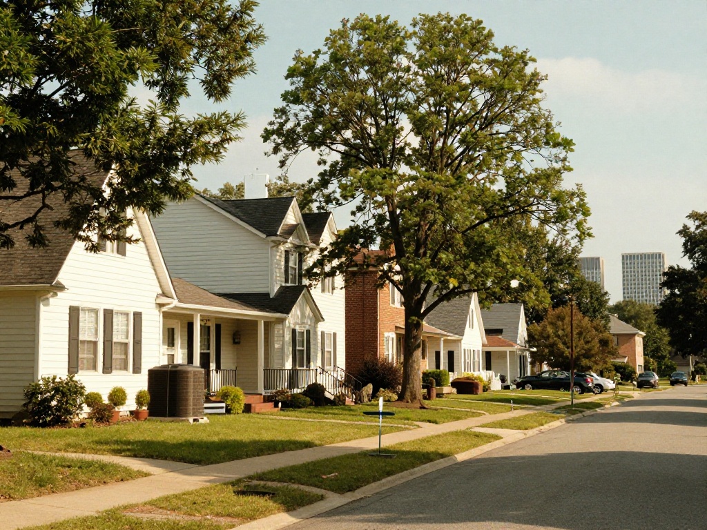 Suburban Northern Virginia street with single-family homes, mature trees, and central AC condenser unit in front yard