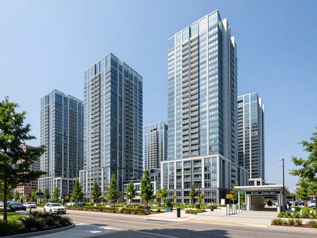 Modern high-rise residential towers with blue-tinted glass facades in Tysons Corner, Virginia