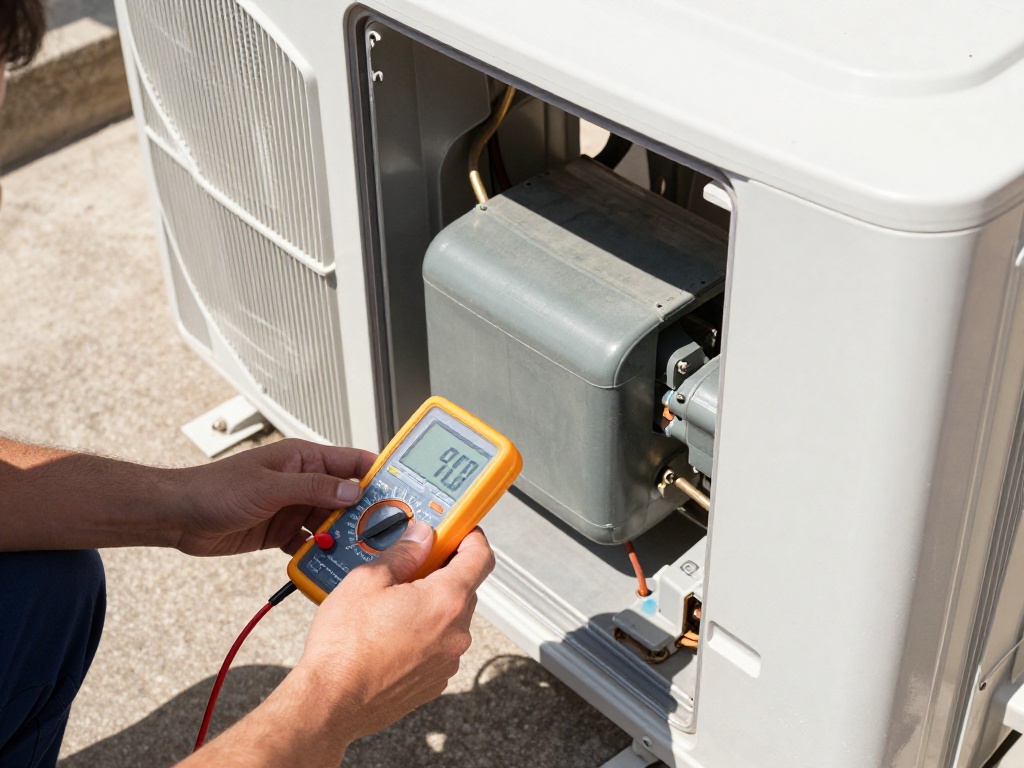 HVAC technician using a digital multimeter to test a condenser unit capacitor during a preventive maintenance tune-up