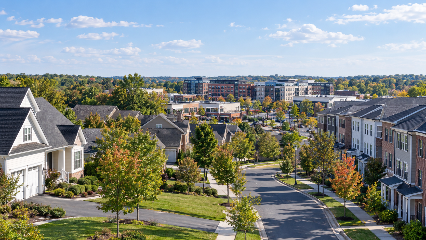 Residential street curving past single-family homes and townhomes near Fairfax Corner and Fair Oaks in Fairfax, Virginia on a clear autumn day