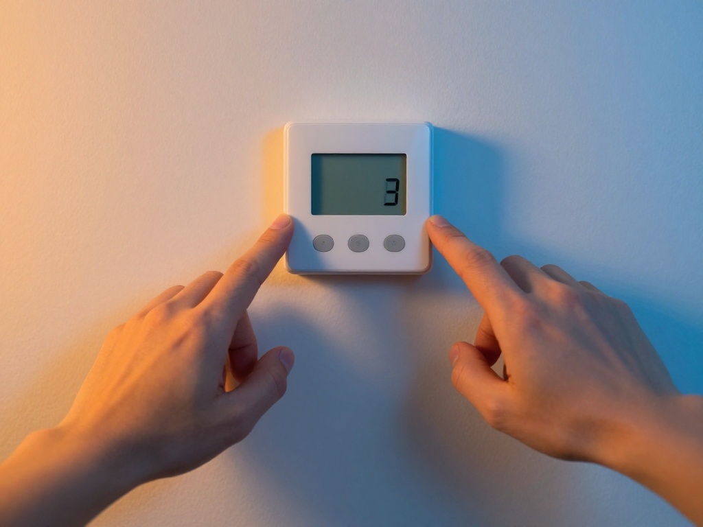 Hands reaching toward a white wall-mounted thermostat under split warm-orange and cool-blue lighting — thermostat wars guide