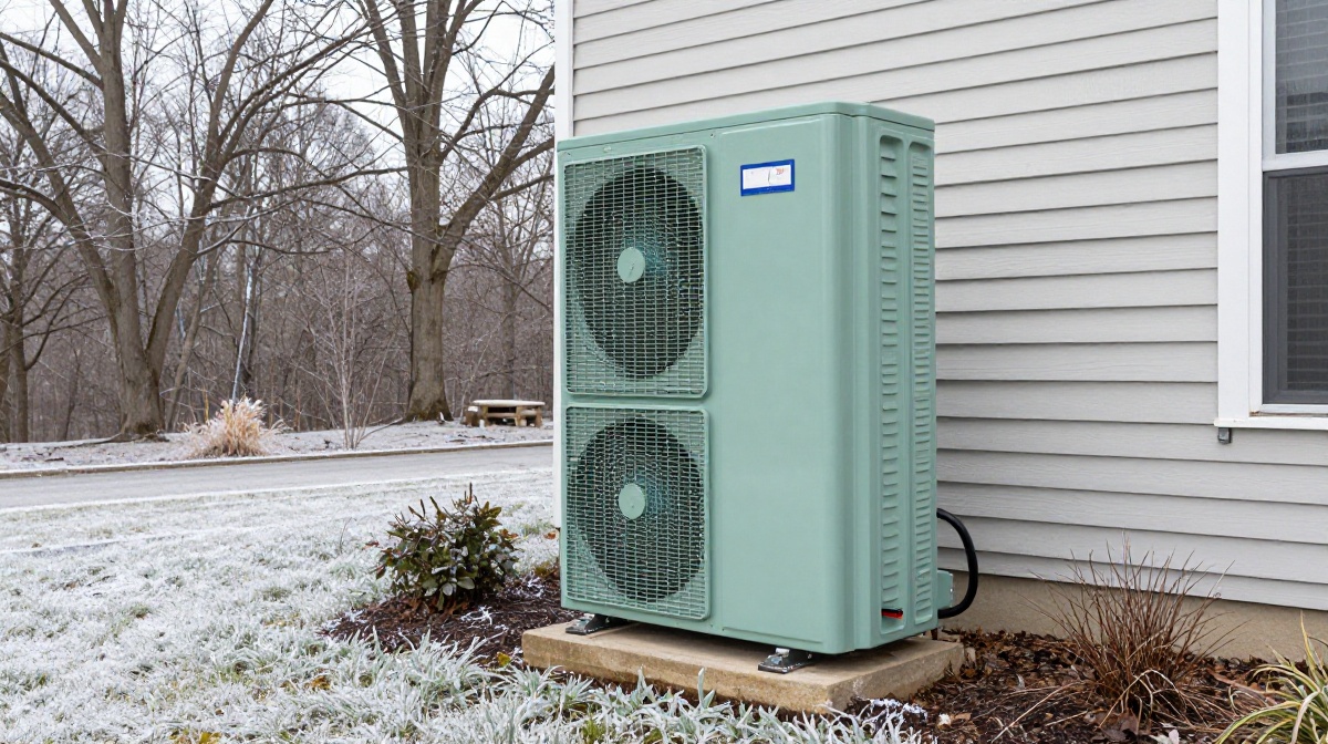 Tall sage-green dual-fan cold-climate heat pump unit on a concrete pad against a light gray vinyl-sided home with frost on the ground in Northern Virginia