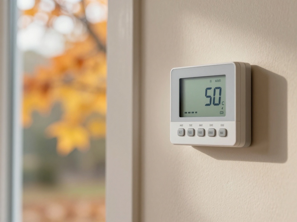 Wall-mounted digital thermostat on a beige wall beside a window looking out on golden autumn foliage — fall AC-to-heat changeover guide