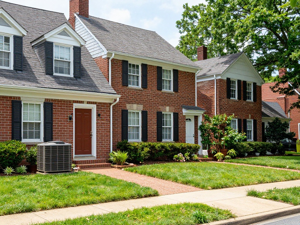 Red-brick colonial suburban home with outdoor AC condenser unit on the front lawn — typical Northern Virginia home for smart thermostat installation