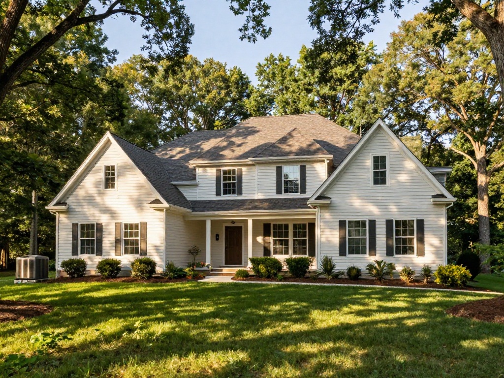 Two-story white-sided suburban home with outdoor HVAC condenser unit in a wooded yard in Oakton, VA