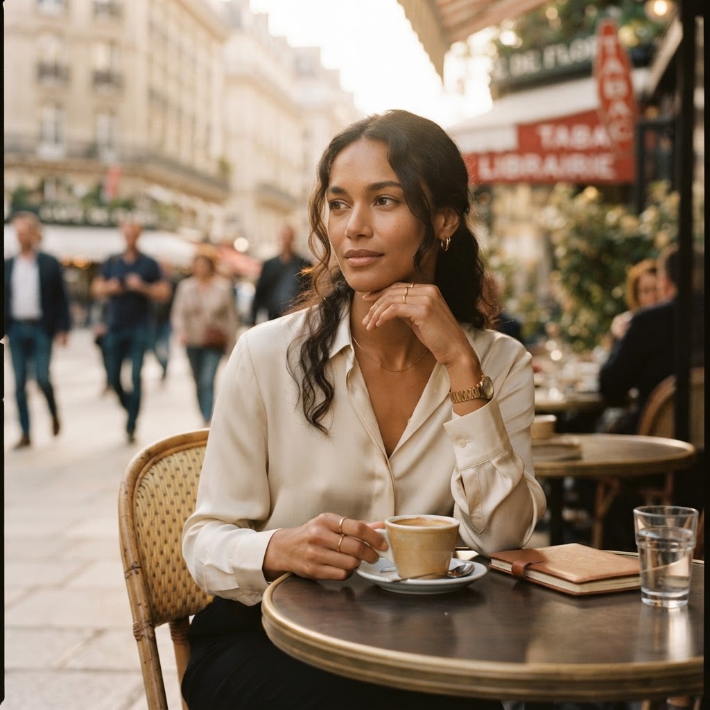 A woman in a cream silk blouse seated at a Parisian café table