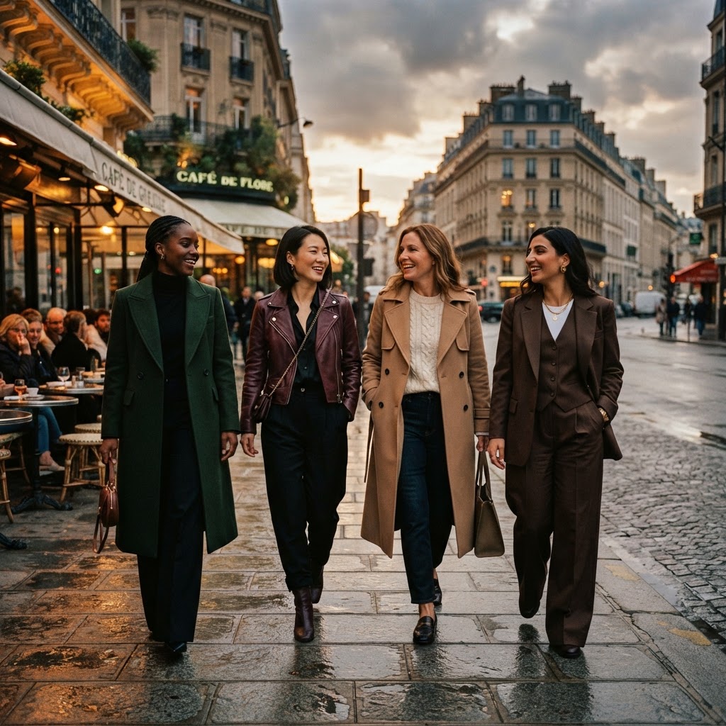 A group of chic women walking together down a Parisian boulevard