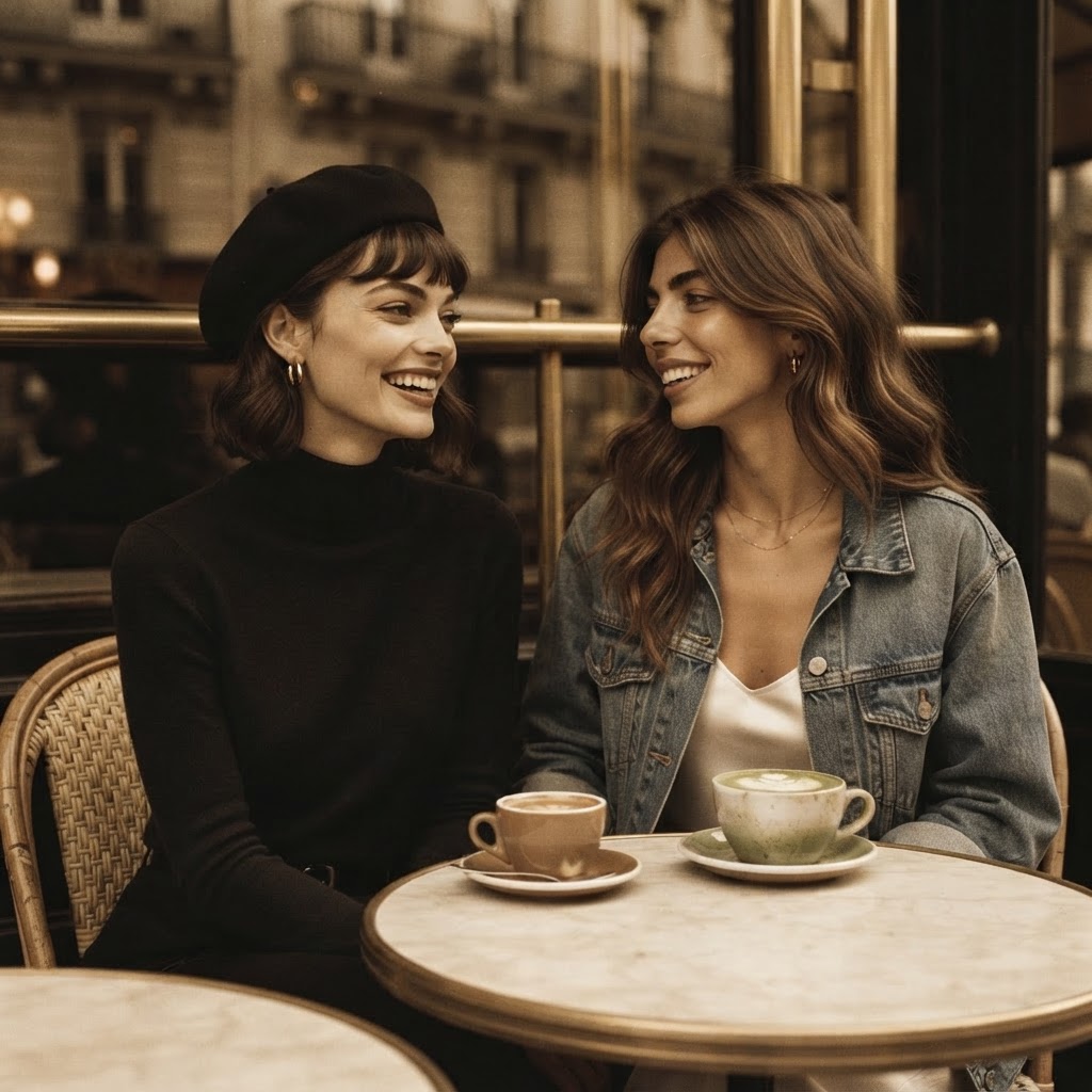 A Parisienne and a modern American woman in conversation at a Parisian café