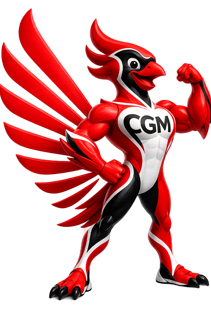 Cardinal Group Marketing mascot — superhero cardinal