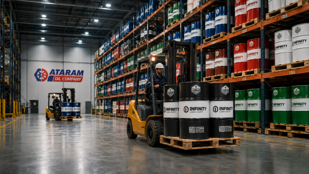 Wholesale lubricants warehouse with oil drums