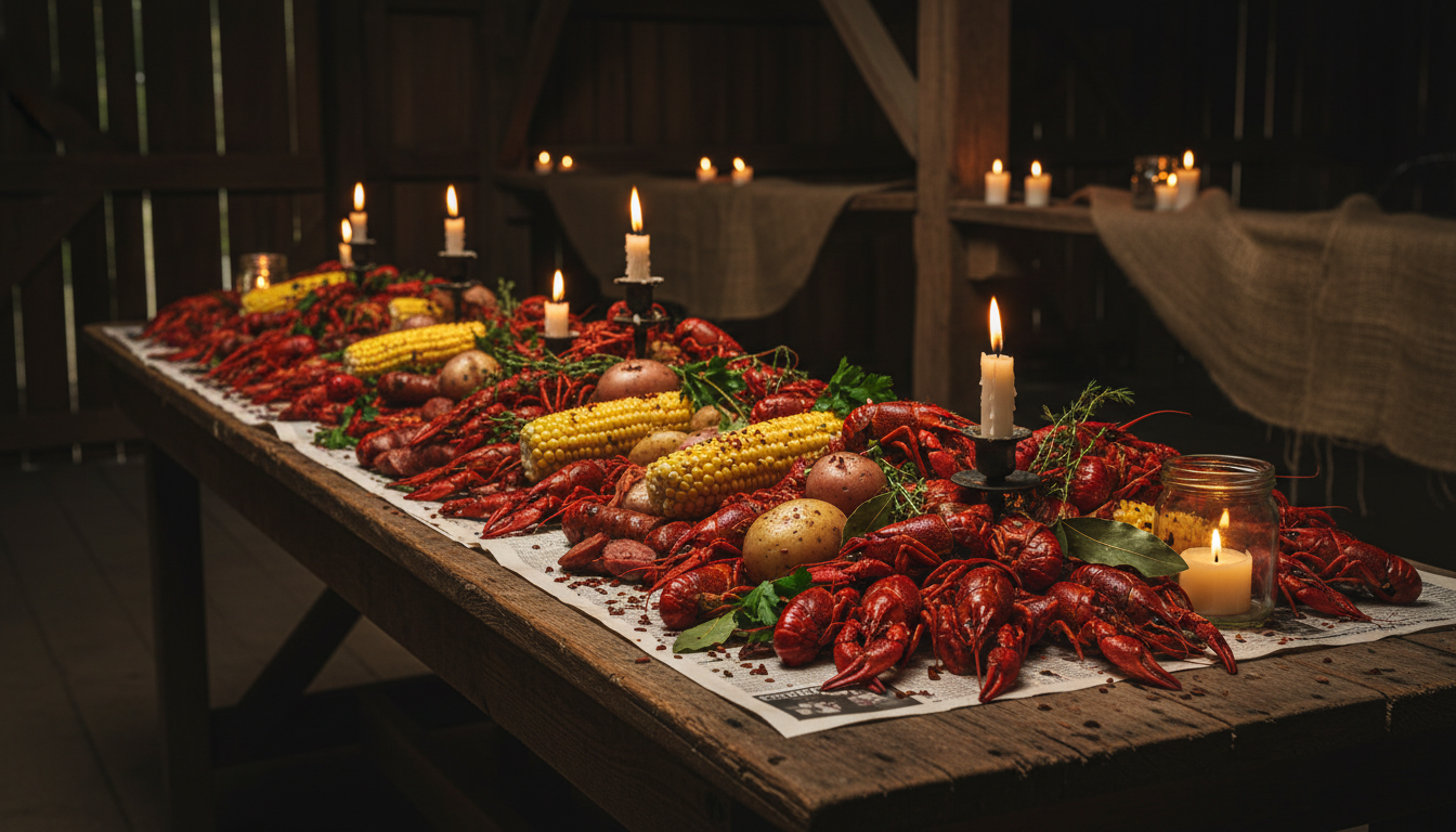 Cajun feast table with candles and seafood