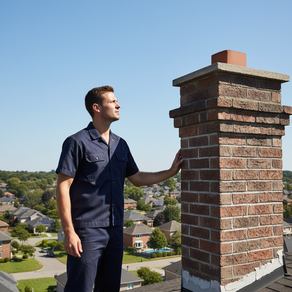 Experienced technician inspecting a brick chimney on a sunny California rooftop